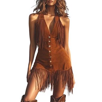 Women's Fringe Faux Suede Mini Dress - Sleeveless V-Neck Western Cowgirl Dress