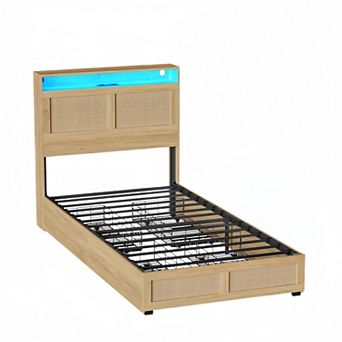 Platform Bed Frame with Rattan Headboard, 4 Storage Drawers + LED Lights & Charging Station, Boho