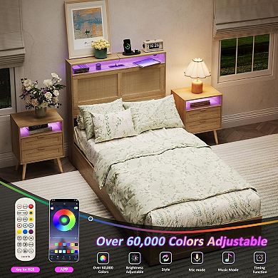 Platform Bed Frame with Rattan Headboard, 4 Storage Drawers + LED Lights & Charging Station, Boho