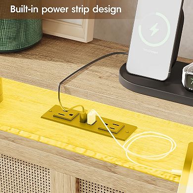 Platform Bed Frame with Rattan Headboard, 4 Storage Drawers + LED Lights & Charging Station, Boho