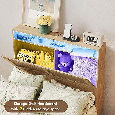 Platform Bed Frame with Rattan Headboard, 4 Storage Drawers + LED Lights & Charging Station, Boho