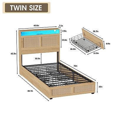 Platform Bed Frame with Rattan Headboard, 4 Storage Drawers + LED Lights & Charging Station, Boho