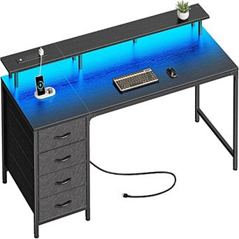 YIORTWO Gaming Desk with LED Lights & Power Outlets, Computer Desk with Drawers & Monitor Stand