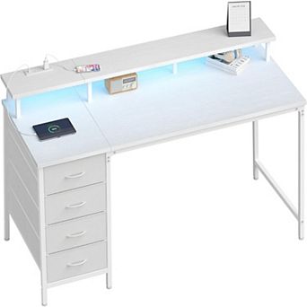 YIORTWO Gaming Desk with LED Lights & Power Outlets, Computer Desk with Drawers & Monitor Stand