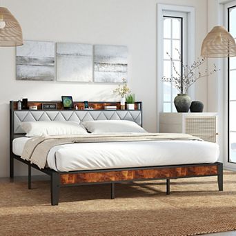 YIORTWO Upholstered Bed Frame with Storage & Charging Station, Platform Bed with Headboard