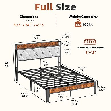 YIORTWO Upholstered Bed Frame with Storage & Charging Station, Platform Bed with Headboard