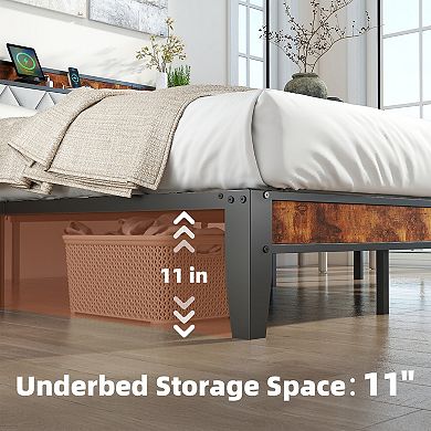 YIORTWO Upholstered Bed Frame with Storage & Charging Station, Platform Bed with Headboard