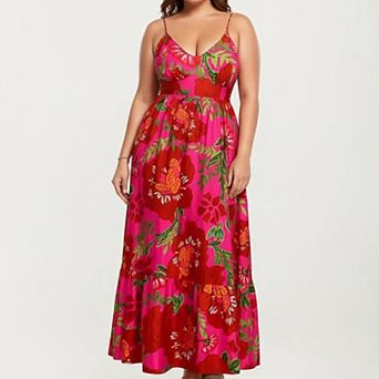 Women's Plus Size Floral Print Maxi Dress with Spaghetti Straps V Neck Fitted Bodice Flowy Skirt