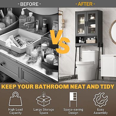 Over The Toilet Storage Cabinet with Tempered Glass Doors & Adjustable Shelf, Bathroom Organizer