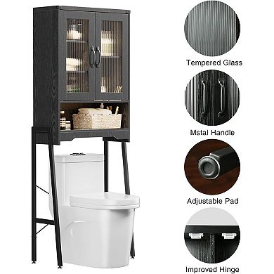 Over The Toilet Storage Cabinet with Tempered Glass Doors & Adjustable Shelf, Bathroom Organizer