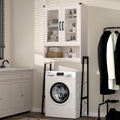 Over The Toilet Storage Cabinet with Tempered Glass Doors & Adjustable Shelf, Bathroom Organizer