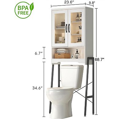 Over The Toilet Storage Cabinet with Tempered Glass Doors & Adjustable Shelf, Bathroom Organizer