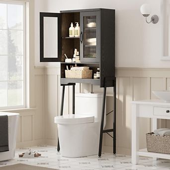 Over The Toilet Storage Cabinet with Tempered Glass Doors & Adjustable Shelf, Bathroom Organizer