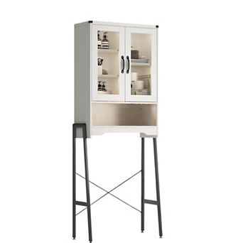 Over The Toilet Storage Cabinet with Tempered Glass Doors & Adjustable Shelf, Bathroom Organizer