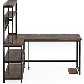 YIORTWO L Shaped Desk with Shelves & Charging Station, Reversible Office Desk