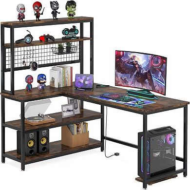 YIORTWO L Shaped Desk with Shelves & Charging Station, Reversible Office Desk