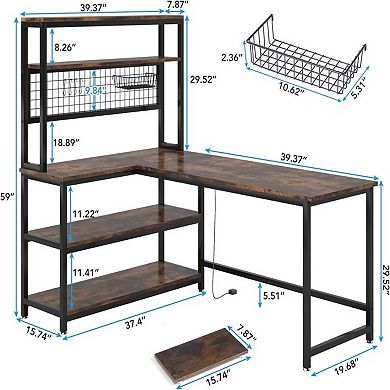 YIORTWO L Shaped Desk with Shelves & Charging Station, Reversible Office Desk