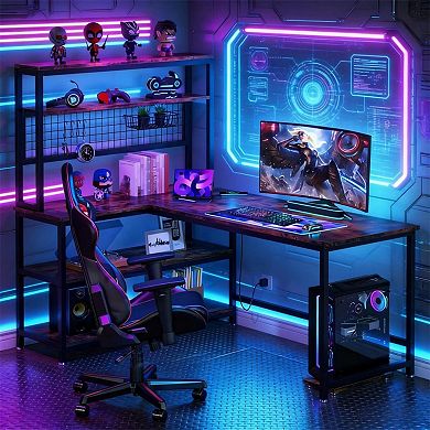 YIORTWO L Shaped Desk with Shelves & Charging Station, Reversible Office Desk