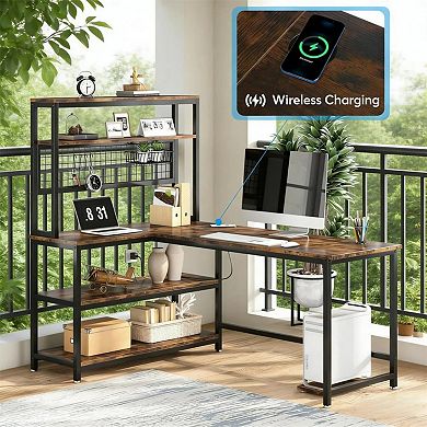 YIORTWO L Shaped Desk with Shelves & Charging Station, Reversible Office Desk
