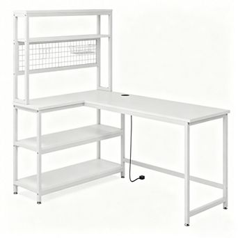 YIORTWO L Shaped Desk with Shelves & Charging Station, Reversible Office Desk