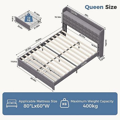 YIORTWO Upholstered Bed Frame with Storage Drawers, Platform Bed with Headboard