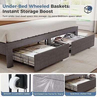 YIORTWO Upholstered Bed Frame with Storage Drawers, Platform Bed with Headboard