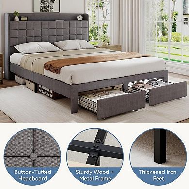 YIORTWO Upholstered Bed Frame with Storage Drawers, Platform Bed with Headboard