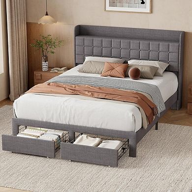 YIORTWO Upholstered Bed Frame with Storage Drawers, Platform Bed with Headboard