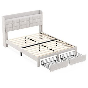 YIORTWO Upholstered Bed Frame with Storage Drawers, Platform Bed with Headboard