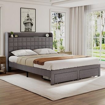 YIORTWO Upholstered Bed Frame with Storage Drawers, Platform Bed with Headboard