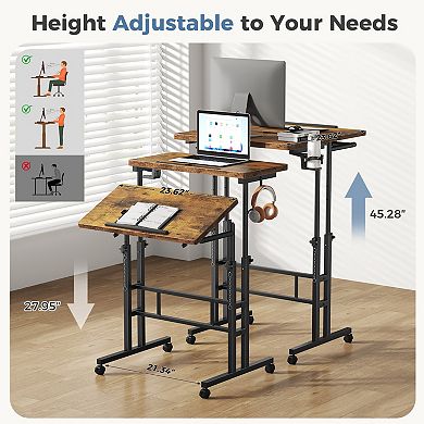 YIORTWO Adjustable Standing Desk with Split Top, Mobile Sit Stand Desk with Wheels