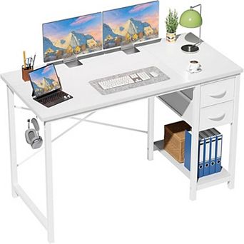 YIORTWO Computer Desk with Drawers & Hooks, Writing Desk with X-Brace