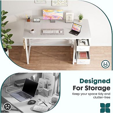 YIORTWO Computer Desk with Drawers & Hooks, Writing Desk with X-Brace