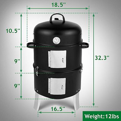 Vertical Charcoal Smoker Grill Double Layer BBQ with Thermometer