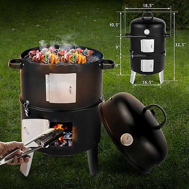 Vertical Charcoal Smoker Grill Double Layer BBQ with Thermometer