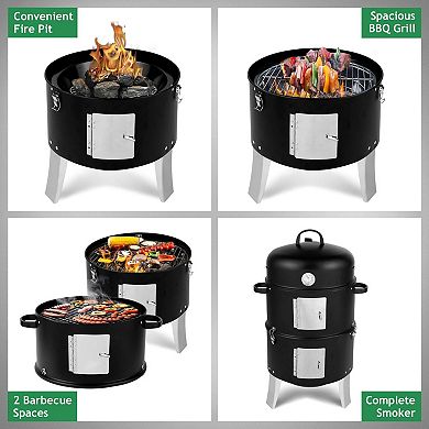 Vertical Charcoal Smoker Grill Double Layer BBQ with Thermometer