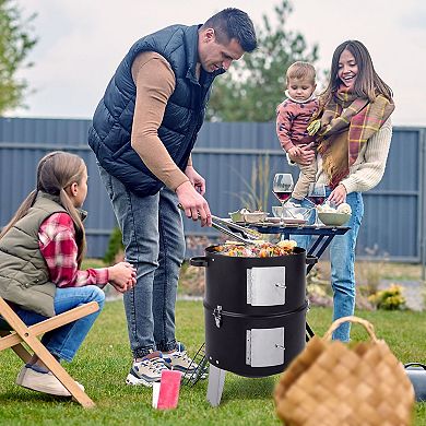Vertical Charcoal Smoker Grill Double Layer BBQ with Thermometer