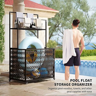 Outdoor Pool Storage Basket Cart with Locking Casters, Shelf and Towel Rack