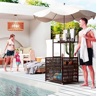 Outdoor Pool Storage Basket Cart with Locking Casters, Shelf and Towel Rack