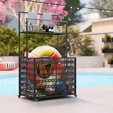 Outdoor Pool Storage Basket Cart with Locking Casters, Shelf and Towel Rack