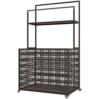 Outdoor Pool Storage Basket Cart with Locking Casters, Shelf and Towel Rack