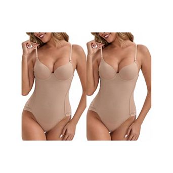 2 Packs Women's Sheer Mesh with Padded Body Shaper Back Hook Spaghetti Straps Tummy Control Leotard