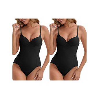 2 Packs Women's Sheer Mesh with Padded Body Shaper Back Hook Spaghetti Straps Tummy Control Leotard