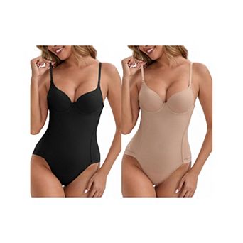 2 Packs Women's Sheer Mesh with Padded Body Shaper Back Hook Spaghetti Straps Tummy Control Leotard