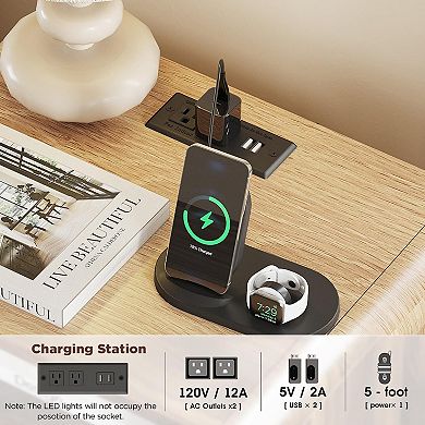 Nightstand with Charging Station and LED Lights, Bedside Table Side Table with for Bedroom