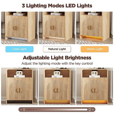 Nightstand with Charging Station and LED Lights, Bedside Table Side Table with for Bedroom