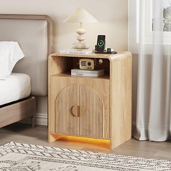Nightstand with Charging Station and LED Lights, Bedside Table Side Table with for Bedroom