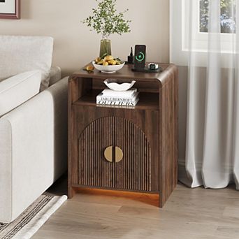 Nightstand with Charging Station and LED Lights, Bedside Table Side Table with for Bedroom