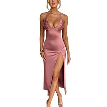 Women's Pleated V Neck Spaghetti Strap Split Maxi Dress Bodycon Cocktail Party Evening Gown