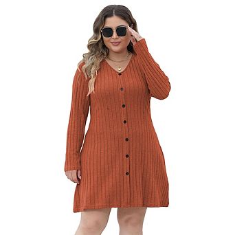 Women Plus Size Fall Deep V Ribbed Dress Button Accent A-Line Midi Dress Long Sleeve Dress